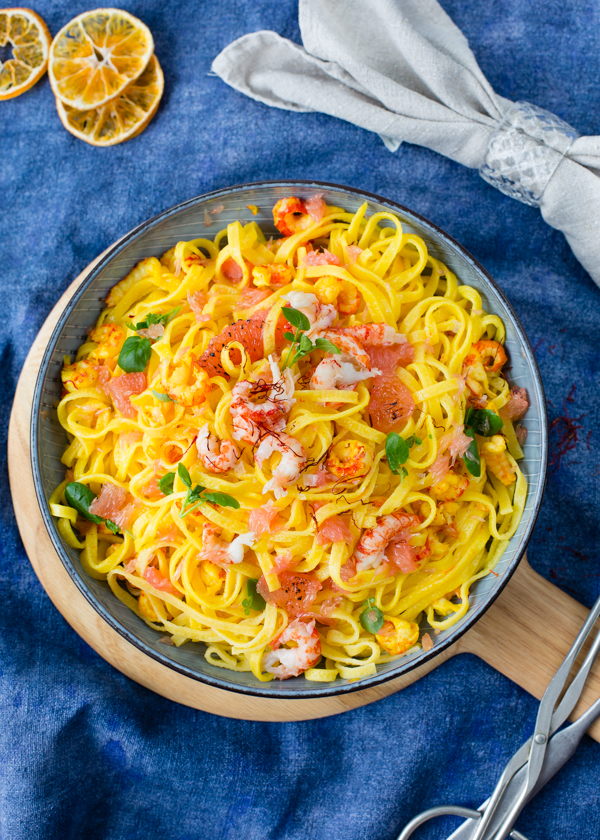 Pasta with saffron butter and pink grapefruit