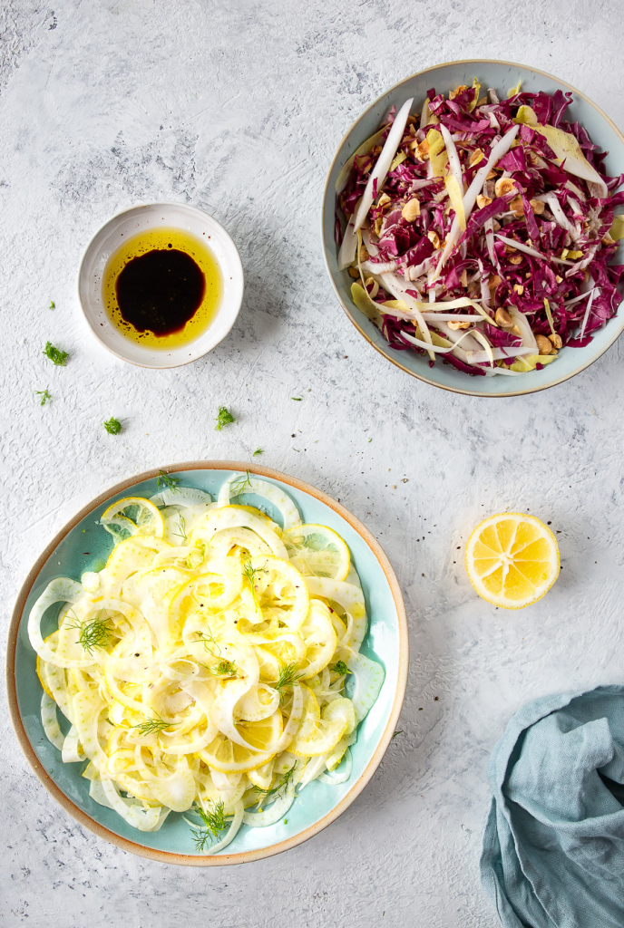 Fresh side salads from lemon, fennel and radicchio with endive.